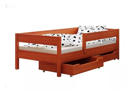 Cama Infantil Montessori Cajones Barandas Madera Maciza 1,40