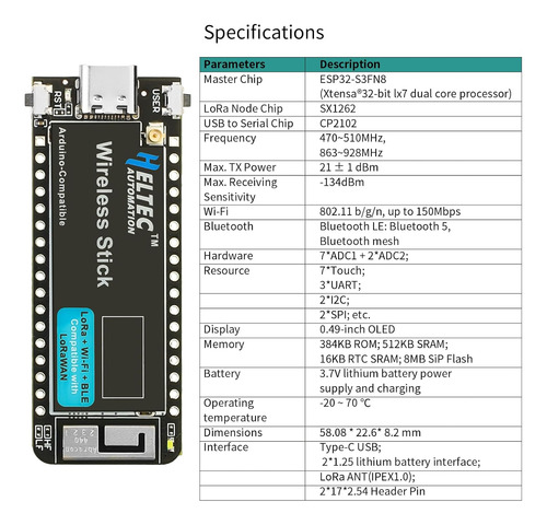 Esp32 S3 Sx1262 Módulo De Stick Inalámbrico Wifi Ble Lora V3