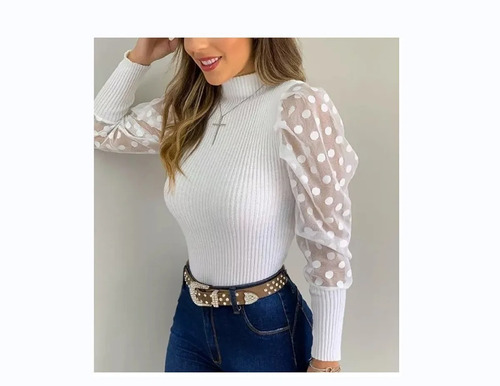 Imagem 8 de 10 de 8 Blusas Feminina Gola Alta Manga Tule