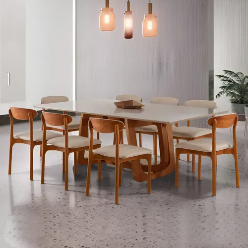 Conjunto de Mesa para Sala de Jantar Genova com 8 Cadeiras Monaco, Madeira Maciça e Tampo de Vidro Off White