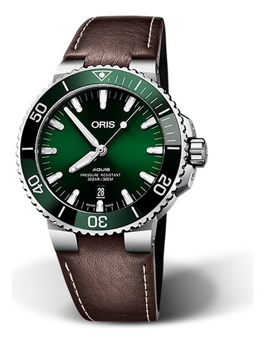 Reloj Oris Aquis Original Bisel Cerámica 73377304157 Correa Café Bisel Verde Fondo Verde