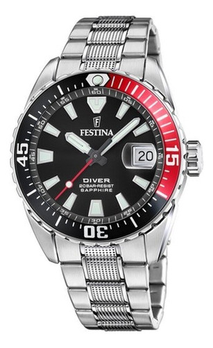 Reloj Festina Hombre Acero Diver Buceo 200mts F20669.6 Color De La Malla Plateado Color Del Bisel Negro Color Del Fondo Negro