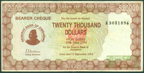 Zimbawe Billete 10000 Dólres Bearer Cheque 2003 P# 22b Mb+
