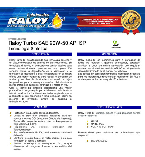 Aceite Raloy Turbo Tecnología Sintetica 20w50 Sp 4l