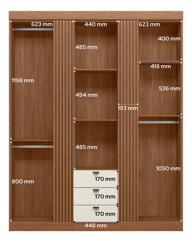 Guarda Roupa Casal Aurora 3 Portas Ripado C/ Espelho Cor Jatob?/Areia
