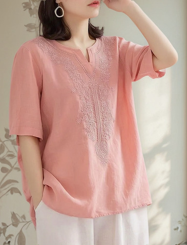 Blusa De Lino Y Algodón Con Cuello En V Para Mujer, Elegante