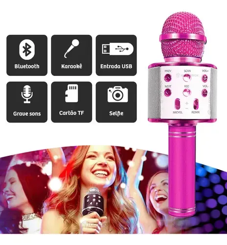 Microfone Rosa Microfone Karaoke Sem Fio Muda Voz Bluetooth Youtuber Som Cor Rosa ...
