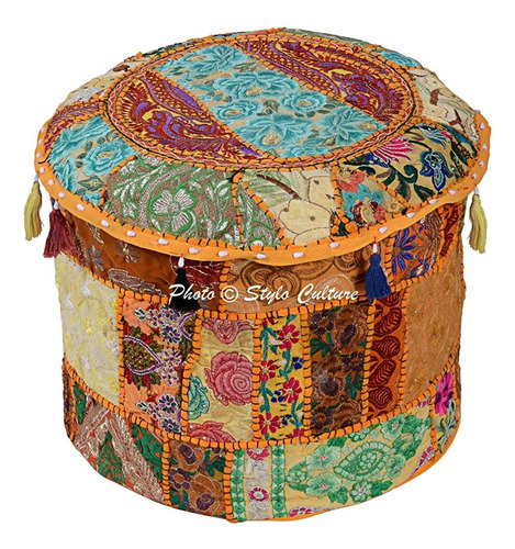 Stylo Culture Round Cotton Vintage Patchwork Bordado Otomano