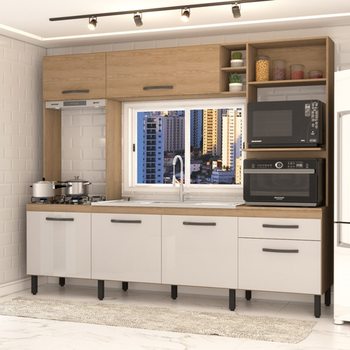 Cozinha Compacta Mavie 6 Portas 1 Gaveta Pistão Freijó/off Cor Bege