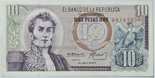 Billete 10 Pesos 12/oct/1970 Colombia Au