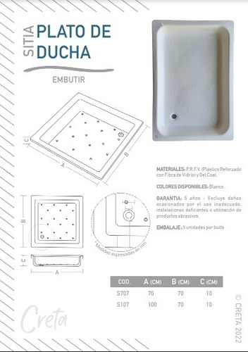 Imagen 2 de 8 de Plato De Ducha 100x70 Plastico Reforzado En Fibra - Creta