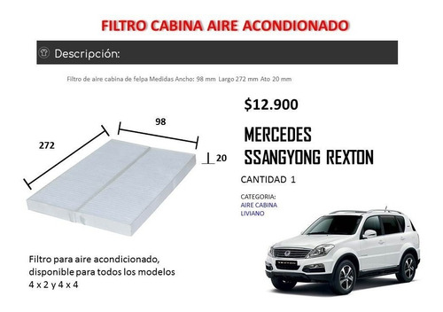 Filtro Aire Acondicionado Ssangyong Rexton