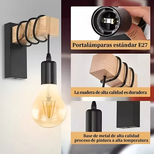 Aplique Con Madera Lampara De Pared Pase E27 Portalampara Negro