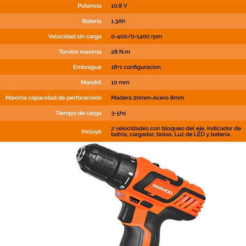 Imagen 3 de 10 de Taladro Inalambrico Atornillador Litio 10mm Daewoo En Cuotas
