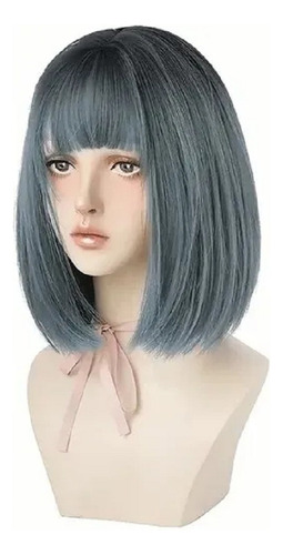 / Moda Mujer Peluca Natural Corta Color Azul Fibra Sintética