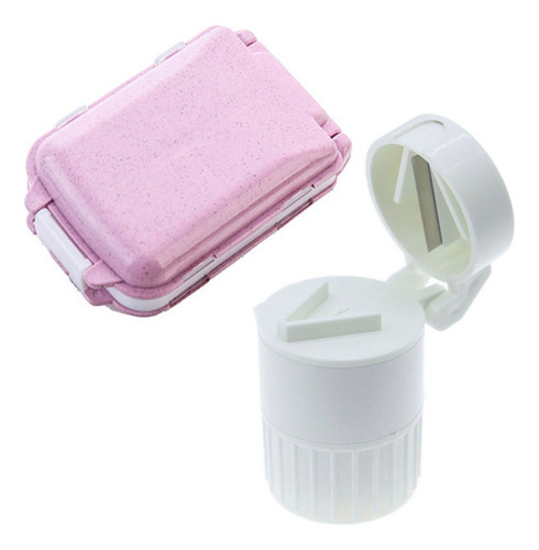 Pastillero Mini Maleta + Triturador Cortador De Pastillas Color Rosa Y Blanco