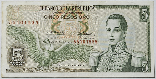 Billete 5 Pesos 20/jul/1975 Colombia Vf-xf