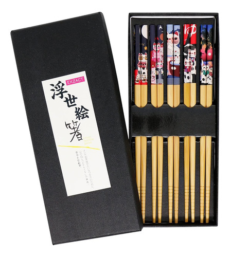 Juego De Palillos De Bambú Reutilizable 5 Pares Caja Negra