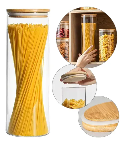Fler Hermetico Borossilicato Pote De Vidro Com Tampa De Bambu 1800ml Espaguete Ma