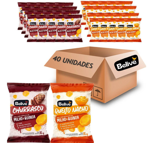 Kit 40 Snacks Belive Churrasco (20x) Queijo Nacho (20x) 35g