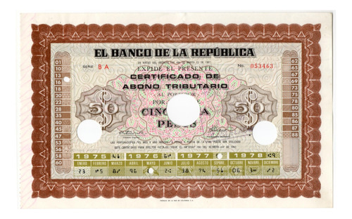 Banco De La República Certificado Por 50 Pesos 1975-1978