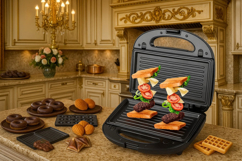 Maquina Sandwichera Waflera Donera Premium 6 En 1 Negro Y Plateado