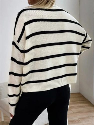 Suéter De Punto A Rayas Para Mujer Con Cuello Redondo Y Mang