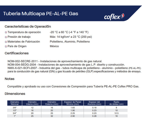 Tubería Pealpe Coflex Pro Gas Multicapa 1/2 100 M. Tg-d1l100 Amarillo