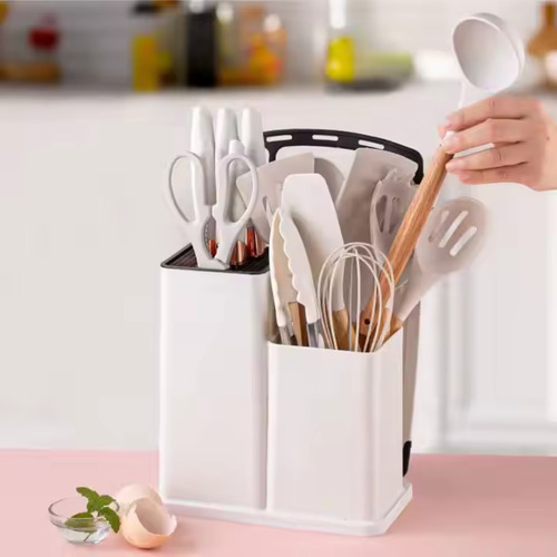 Set De Utensilios X19 Cocina Mango De Madera Puntasiliconado Color Blanco