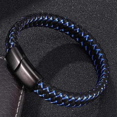 Pulsera De Caballero Tejida En Cuerina Negro Y Azul