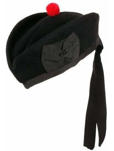 New Scottish Highland Llanura Negro Glengary Hat Pure Wool -