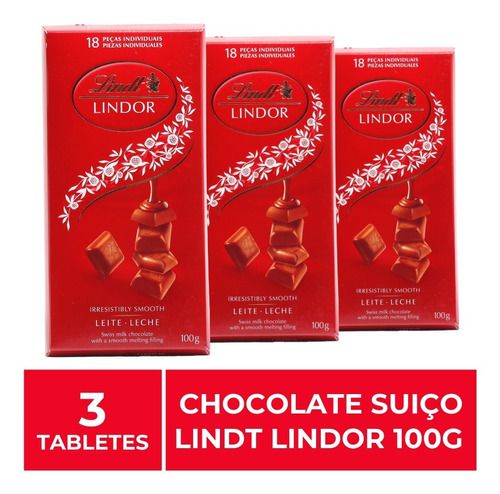 Chocolate Suíço Ao Leite, Lindt Lindor, 3 Tabletes De 100g