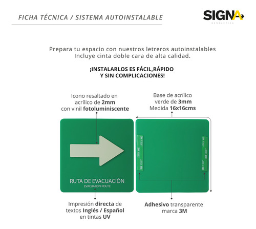 Letreros Protección Civil Premium Acrílico 16x16cms Ruta De Evacuaciòn Derecha