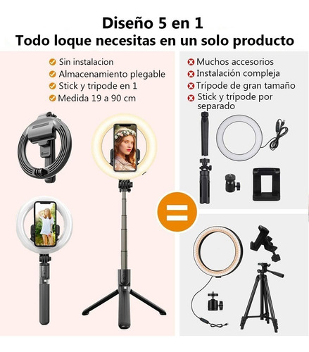 Imagen 8 de 10 de Palo Selfie Bluetooth Stick Celular Aro Luz Tripode 70 Cm