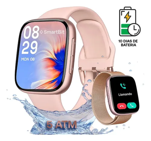 Reloj Inteligente Mujer Sumergible Smartbit Swim Rosa Smartwatch Sumergible 50 metros Natacion Brazadas Distancia Bateria 10 Dias Larga Duracion Deportivo Llamadas Mensajes Cuadrado Malla Extra