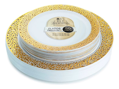 Platos Elegantes Dorados 50 - 25 Servicios Estilo Encaje Color Oro Orilla Dorada