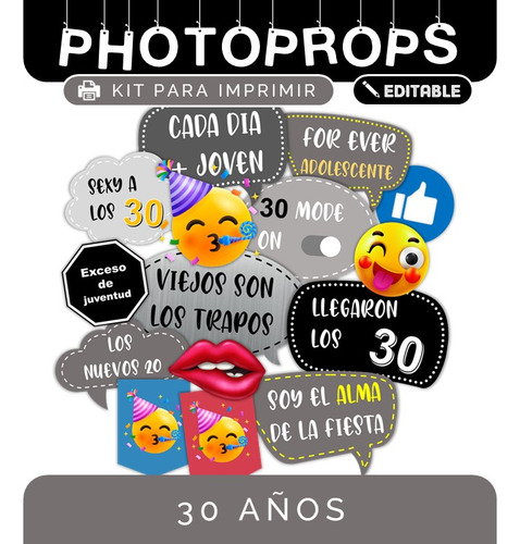 Kit Props Cartelitos Cumple De 30 Años Para Imprimir