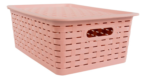 Cesta Rosa Con Tapa Tipo Tejido Con Agarradera 11lt