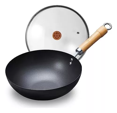 WANGYUANJI Sartén Wok de acero al carbono, sartenes de 11 pulgadas con  tapa, wok tradicional sin revestimiento químico para inducción, eléctrica,  gas