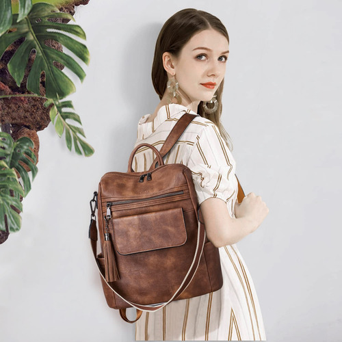 Mochila Caseek, piel para mujer, impermeable, antirrobo, color marrón bicolor