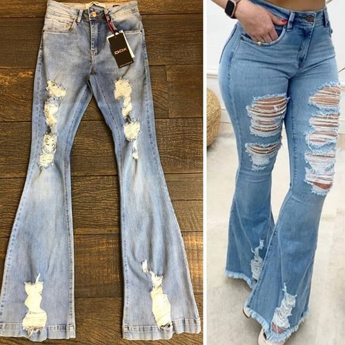 calça flare jeans rasgadinha