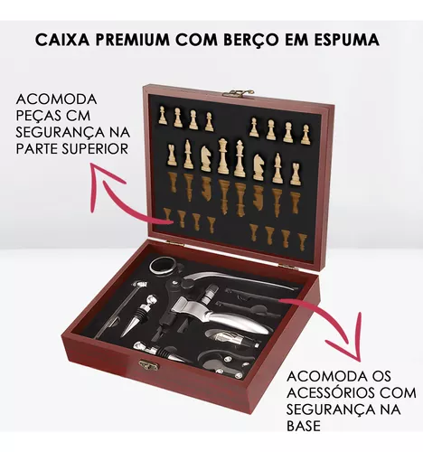 Kit Saca Rolha Abridor de Vinho Profissional e Acessórios Premium +  Tabuleiro e Peças Xadrez - Estojo