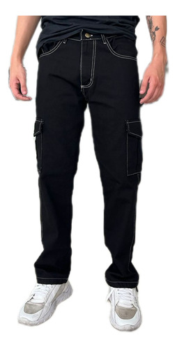 Pantalon Jean Cargo Con Bolsillos Y Costuras Tiro Medio