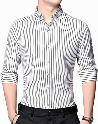 Camisa Casual De Manga Larga Rayada De Los Hombres, De Moda