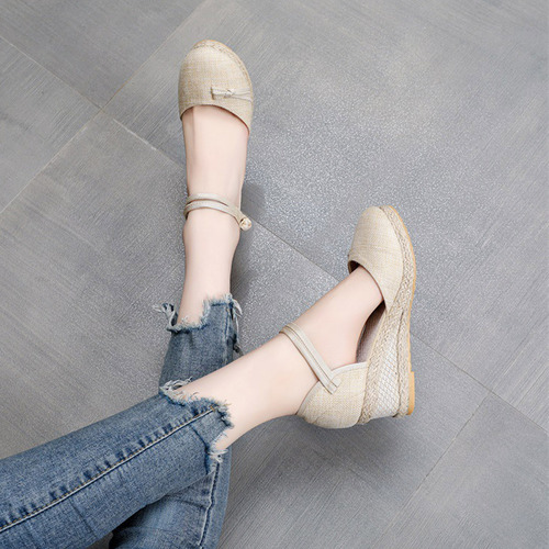 Sandalias De Punto Con Punta Redonda Y Cuña Con Lazo Para Mu