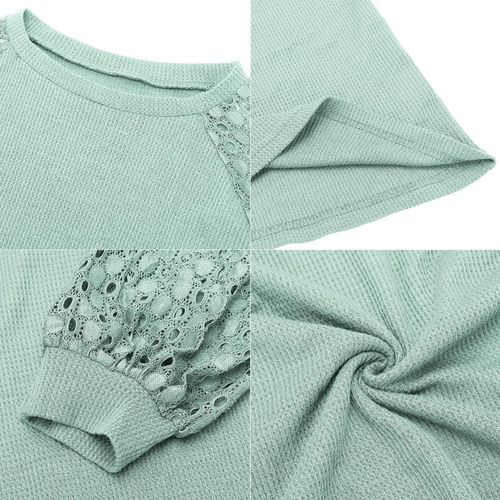 Blusa De Encaje De Manga Larga Con Cuello Redondo Para Mujer