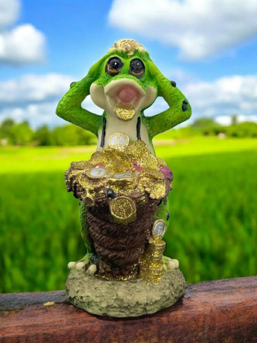 Rana Decorativa En Resina Fina Con Monedas De Suerte 25 Cm Verde