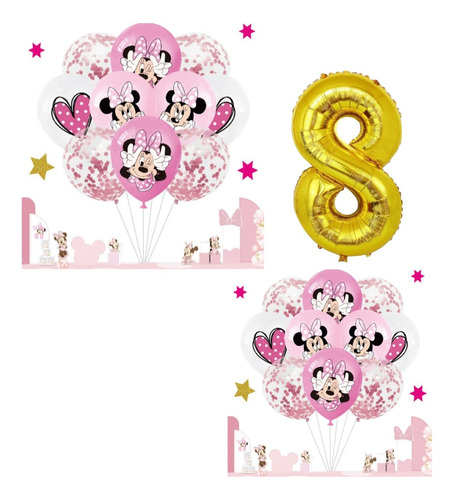 Set De Globos Estampados Minnie Mouse X 20 + Globo Numero