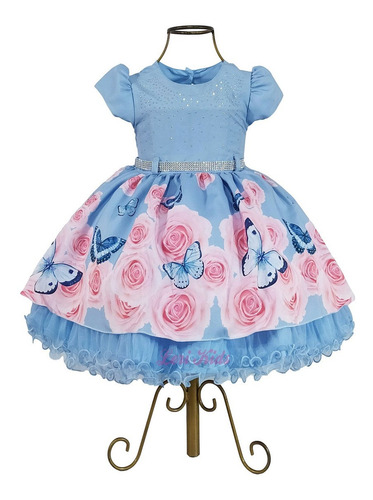 Imagem 1 de 2 de Vestido Azul Luxo Infantil Jardim Encantado Das Borboletas