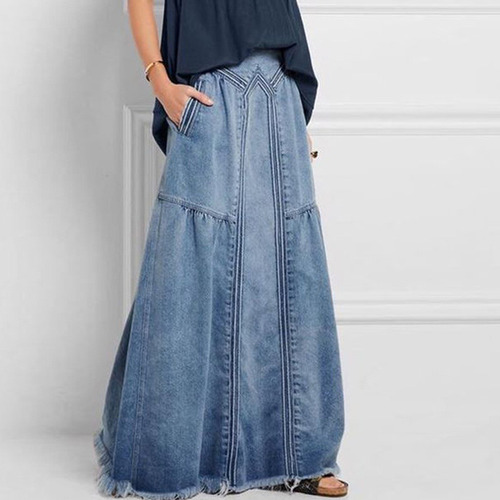 A Falda Larga De Jean Con Cintura Elástica Para Mujer